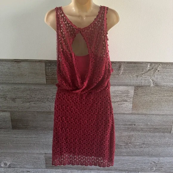 Free People Lily Lace Blouson Dress Red Raisin Size Small (T1) - Picture 4 of 10